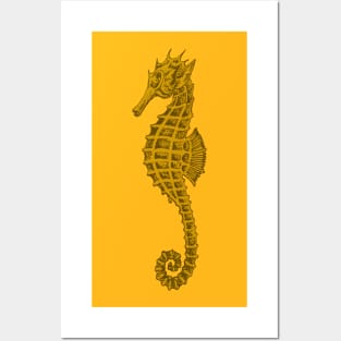 Cute Seahorse Tattoo Style In Ochre Yellow Posters and Art